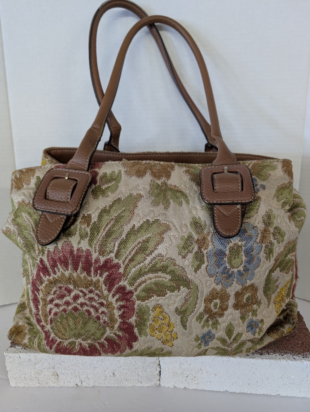 Vintage Carpet Bag From The 80s. Floral Tapestry Handbag Chartreuse Green, Yel